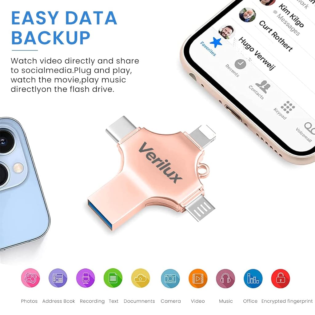Verilux 4 in 1 Flash Drive 64GB USB Flash Drive with Lightning, Micro, USB, Type-C Interface, Mini Hangable Flash Drive Compatible with Phone, Pad, Android, PC and More Devices (Rose Golden) Verilux 4 in 1 Flash Drive 64GB USB Flash Drive with Lightning, Micro, USB, Type-C Interface, Mini Hangable Flash Drive Compatible with Phone, Pad, Android, PC and More Devices (Rose Golden)